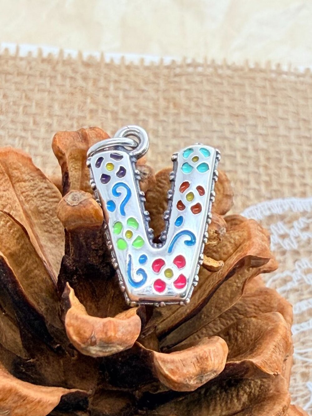 James Avery Enamel Consuela Floral Initial V Charm Sterling Silver